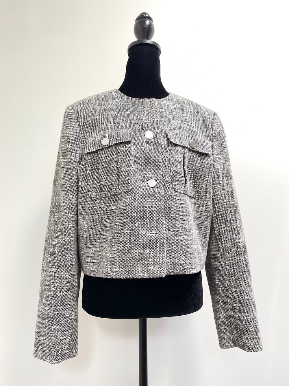 Theory Cropped Military Tweed Jacket Size 12 | Black White Textured Blazer